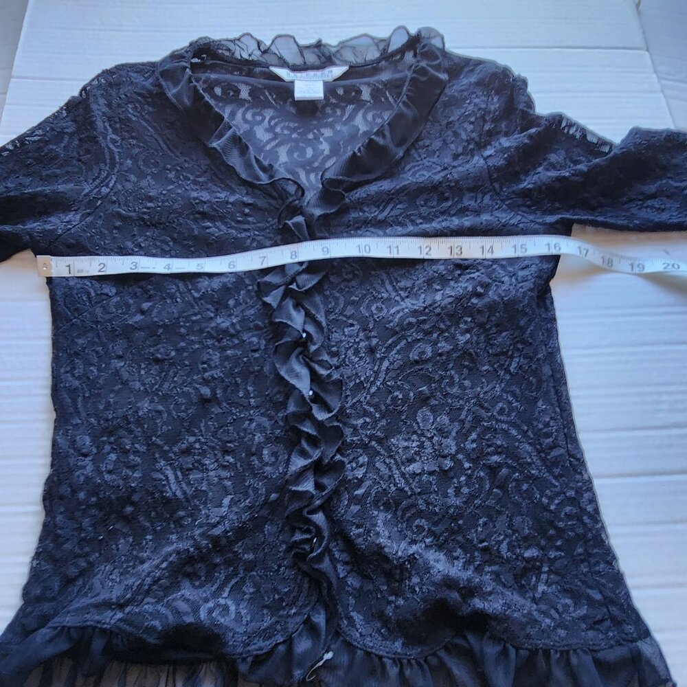 Uniform John Paul Richard Women's Size M Black Sheer Ruffle Lace Faux Button Top - Picture 11 of 13